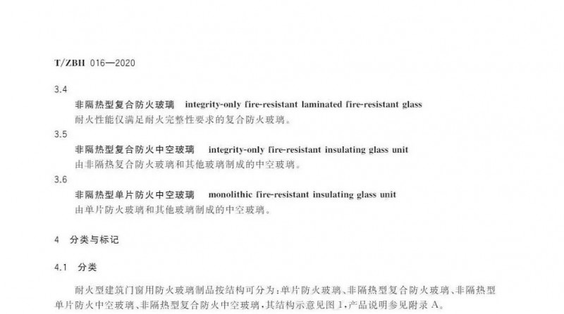 耐火型建筑門窗用防火玻璃制品標準（T/ZBH 016—2020）