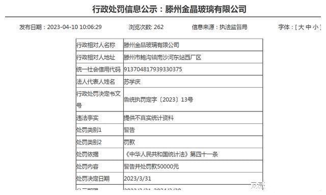 棗莊滕州金晶玻璃有限公司八年間被罰近百萬